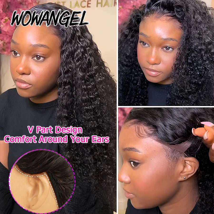 WOWANGEL Bye Bye Knots Water Wave Wigs With Drawstring 7x6 HD Lace Closure Wig 100% Human Hair Pre Plucked Curly Glueless Wigs