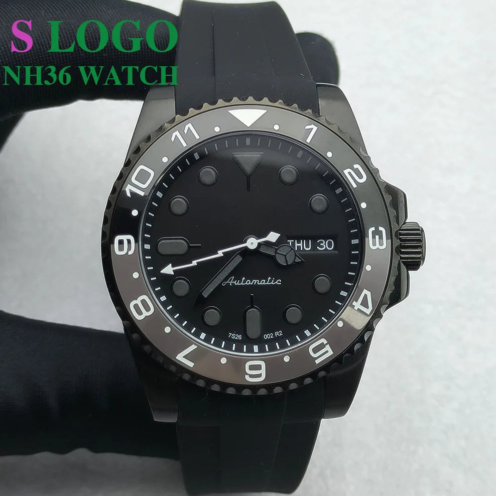40MM NH36 Watch Black Men's Stainless Steel Mechanical Watch S Logo Sapphire Glass Modified Watch NH36 Movement