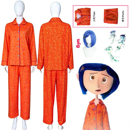 Movie Coraline Cosplay Pajamas Costume Orange Polka Dot Button-Up Loungewear Nice Stitching Set For Halloween Performance Restor