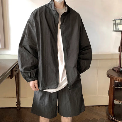 Men's Outdoor Summer Hiphop Sports Suit Casual Loose Sun Protection Thin Zipper Jacket with High Street Shorts Two-Piece Set