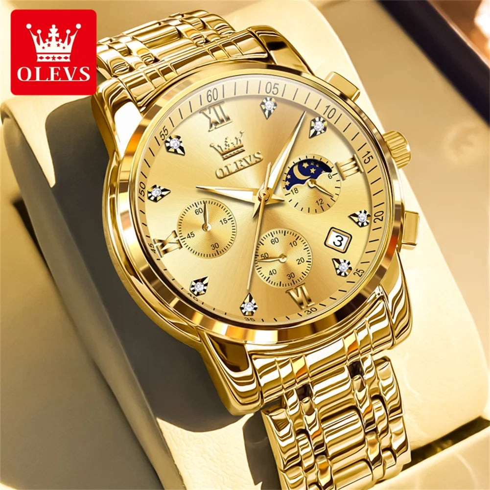 OLEVS Popular men's watches stainless steel black Moon Phase Chronograph quartz watch for man date Original brand wristwatch