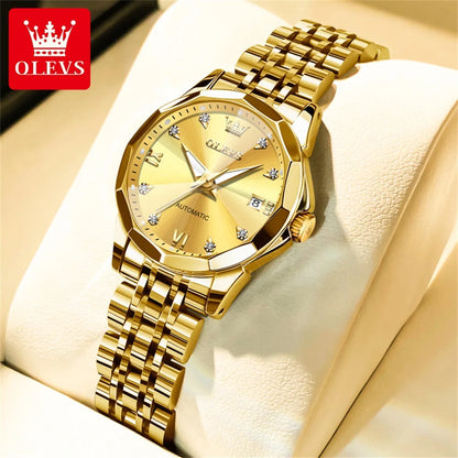 OLEVS Women's Watches Trend Elegant Sparkling Shining Diamond Scale Original Automatic Mechanical Wristwatch for Lady Waterproof