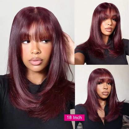 Short Bob Wig Layered with Bangs Straight Human Hair Bob with Bangs 400 Density Wig Human Hair Straight 99j Bob Wig For Women