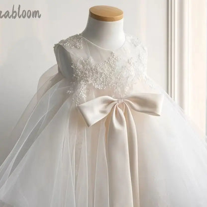 Girls' White Lace Mesh Dress Featuring Large Bow Accent Flower Girl Gown Formal Party Dress Elegant Princess Dress