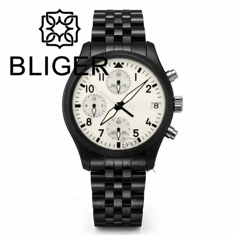 BLIGER Full Black Brushed 38mm VK67 Quartz Aviator Chronograph Watch For Men Domed Sapphire Glass Luminous Dial Waterproof Date