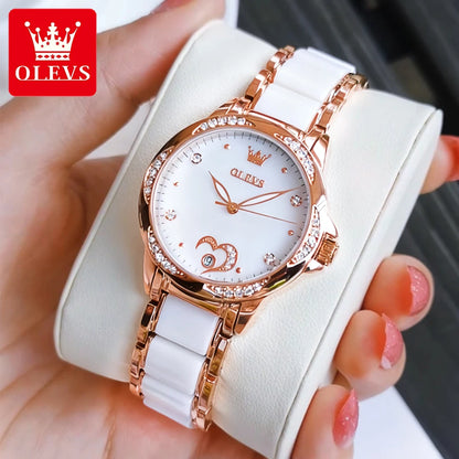 OLEVS Elegant Fashion Women's Watches Ceramic Strap Original Brand Automatic Mechanical Wristwatch for Lady Waterproof Date Love