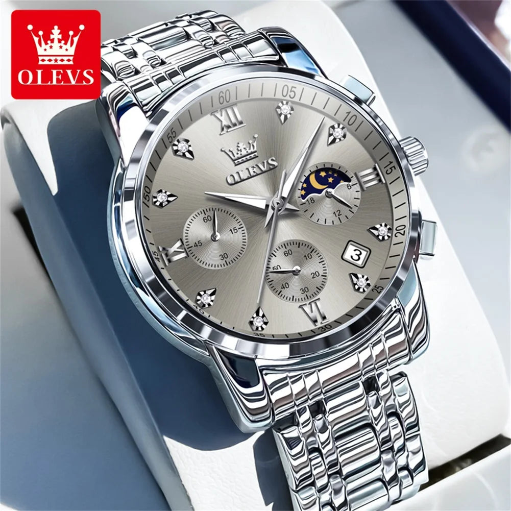 OLEVS Popular men's watches stainless steel black Moon Phase Chronograph quartz watch for man date Original brand wristwatch