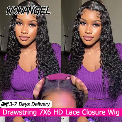 WOWANGEL Bye Bye Knots Water Wave Wigs With Drawstring 7x6 HD Lace Closure Wig 100% Human Hair Pre Plucked Curly Glueless Wigs