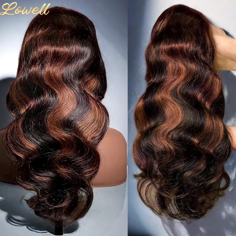 Highlight Body Wave 13x6 HD Omber Lace Front Human Hair Pre Plucked Wig 1B/30 Black Brown Colored Hair 13x4 HD Lace Frontal Wigs