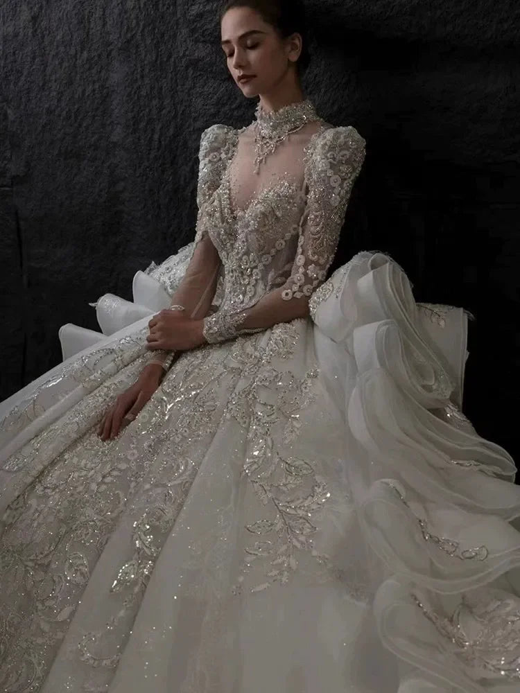 Luxurious A-Line Crystal Bead Decoration Women's Wedding Dress Sexy Tight Corset Church Bride Dress Robe De Mariage Customized