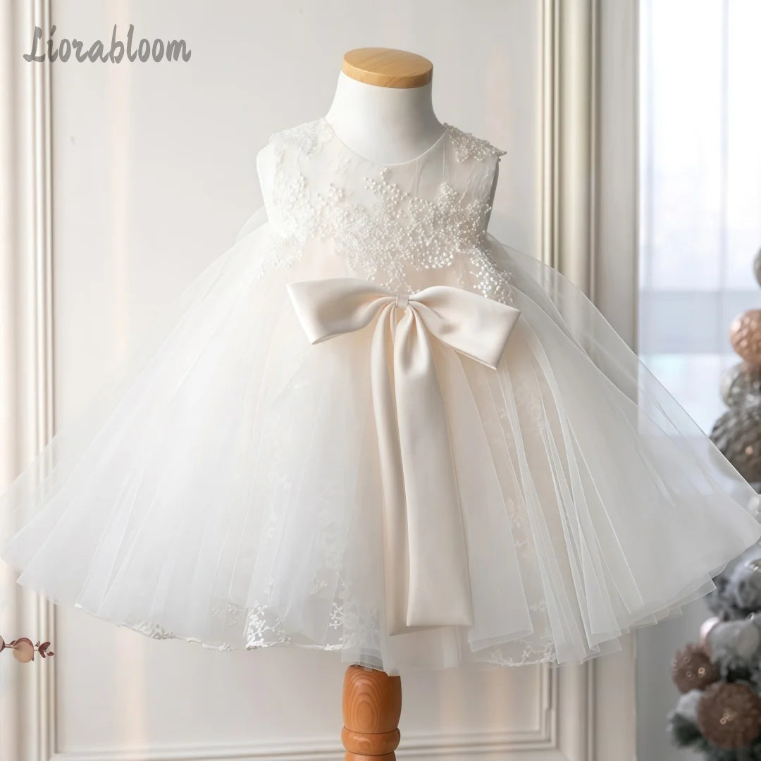 Girls' White Lace Mesh Dress Featuring Large Bow Accent Flower Girl Gown Formal Party Dress Elegant Princess Dress