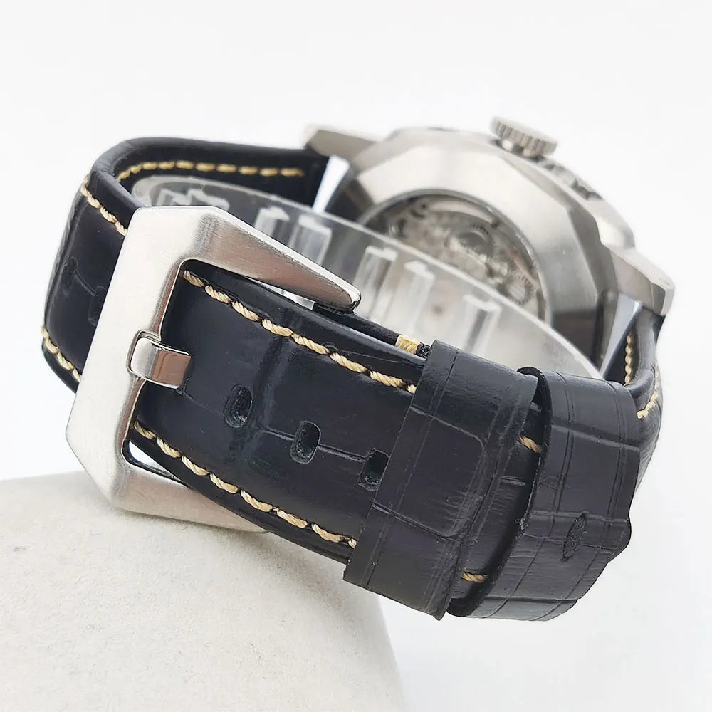44mm Men's Watch Seagull ST2555 Movement Stainless Steel Case Automatic Mechanical Watch Strength Mineral Glass Leather Bracelet