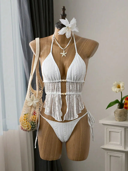 Cream Lace Halter Neck Tankini Set With Beaded Detail And Tie Side Bottoms