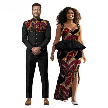 New African Print Men's Suit, Wax-dyed Couple Set, Women's Dress + Men's Suit  Women Clothing