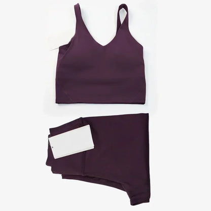 Classic women's 2-piece yoga outfit: U-shaped camisole top & high-waisted nude-feel leggings, suitable for fitness and workout.