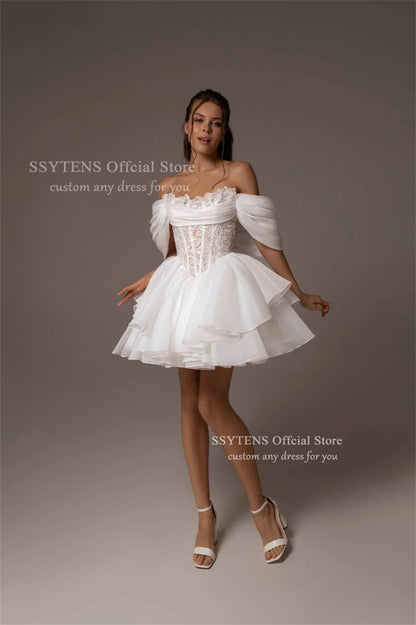 SSYTENS Chic Mini Wedding Dresses Ruffled Bride Dresses Tiered Organza Off Shoulder White A Line Robes De Celebrity Customized