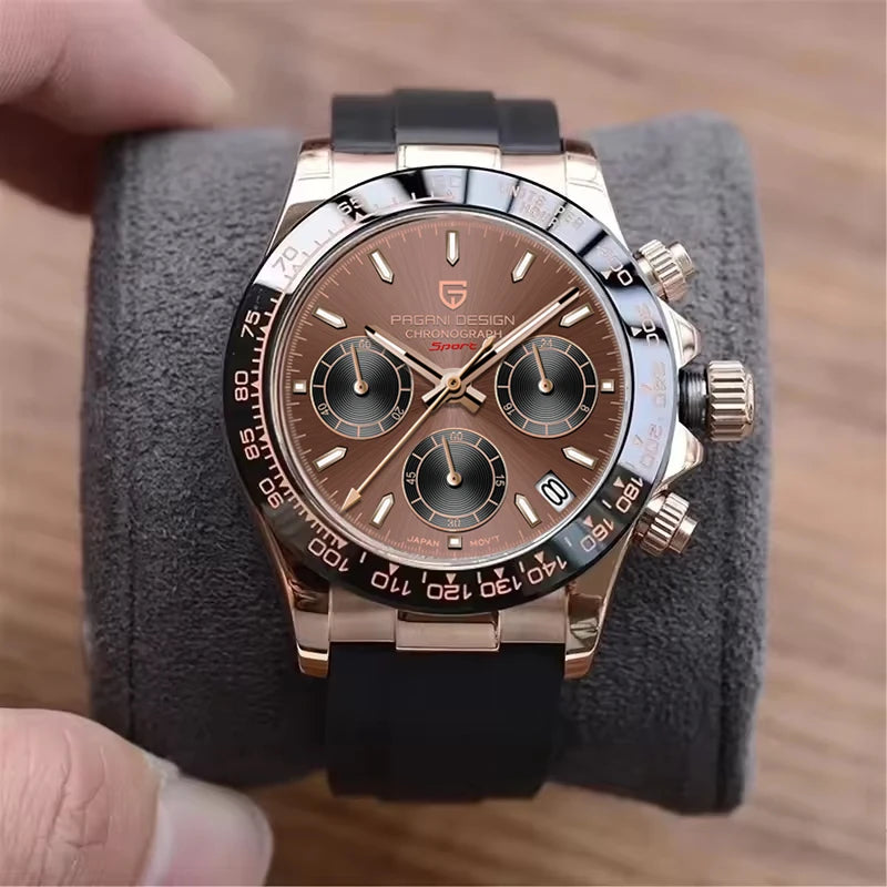 PAGANI DESIGN Men Quartz Chronograph Watch RoseGold Case Black Ceramic Bezel Brown Dial Rubber Strap Waterproof Sports watch+box