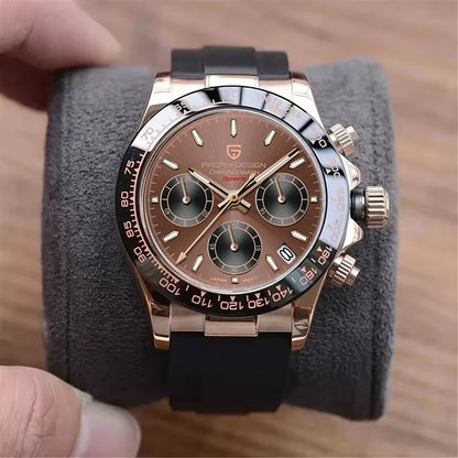 PAGANI DESIGN Men Quartz Chronograph Watch RoseGold Case Black Ceramic Bezel Brown Dial Rubber Strap Waterproof Sports watch+box