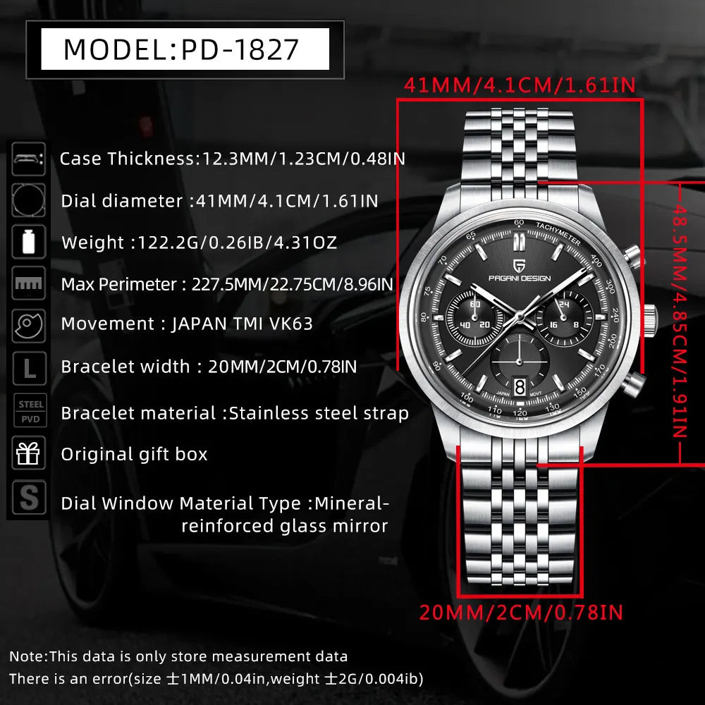 PAGANI DESIGN Men Quartz Watch VK63 Chronograph Stainless Steel Mens Wristwatch Top Brand Sapphire Glass Business Watch Man Gift