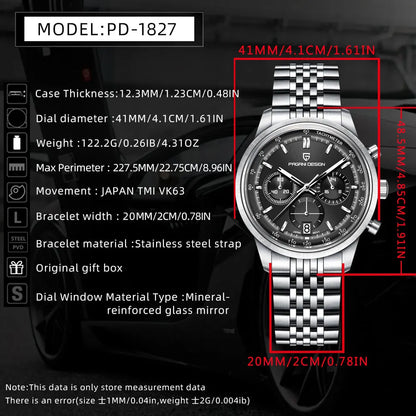 PAGANI DESIGN Men Quartz Watch VK63 Chronograph Stainless Steel Mens Wristwatch Top Brand Sapphire Glass Business Watch Man Gift