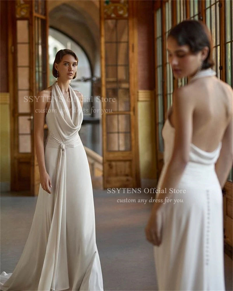 SSYTENS Customized Mermaid White Wedding Dress Woman Sexy Backless Bridal Dress beach Halter Sleeveless Gown robe femme élégante