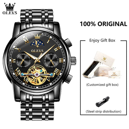 OLEVS 6617 Men's Classic Mechanical Watch Waterproof Business Stainless Steel Strap Watch  Sun And Moon 30M Waterproof Watch
