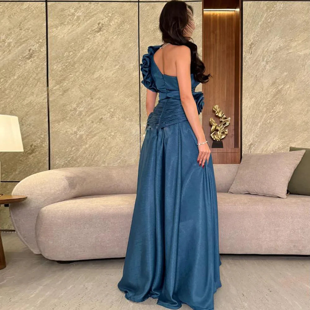Customized One Shoulder Pleats Evening Dresses A Line Long Prom Gown with Flower Elegant Floor Length Wedding Party Dress