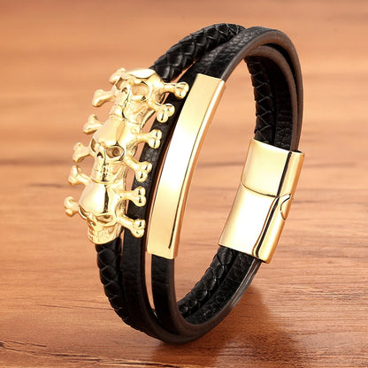 XQNI Luxury Vintage Multilayer Leather Men Bracelet Bead Bracelet Stainless Steel Charm Jewelry Male Wrist Bangle Birthday Gift