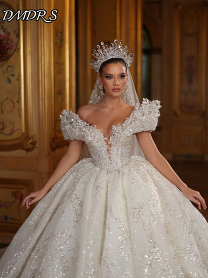 Sexy Deep V Neck Bridal Gown 2026 Graceful Applique Wedding Dress Shiny Elegant Sequin Beaded Floor-Length Gown Customized