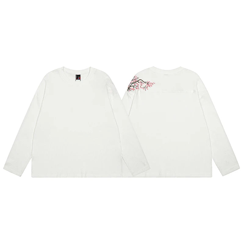 26ss DERSCHUTZE Long Sleeved White Waffle Patterned Cherry Blossom Embroidered T-shirt Loose Casual Top DERSCHUTZE Top Tee