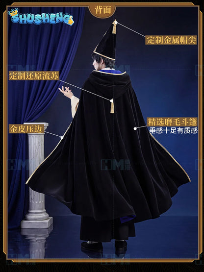 In stock Witch Hat Atelier Olruggio XS-XXL Cosplay Costume Wig Tongari Boushi Atelier Black Cape With Blue Lining Man Halloween