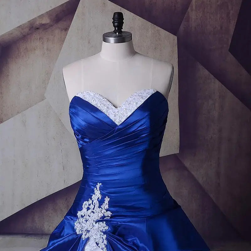 Chapel White And Royal Blue Satin Wedding Dresses Sweetheart Ruched Lace-Up Corset Plus Size Long Bridal Gowns Customized
