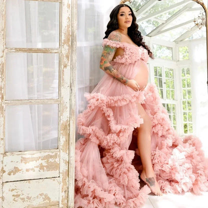 Maternity Dresses Customized Photoshoot Tiered Ruffles Pregnant Women Gowns Baby Shower Off Shoulder Front Slit Bridal Sleepwear