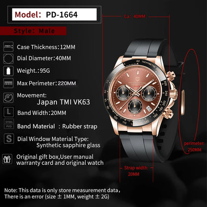 PAGANI DESIGN Men Quartz Chronograph Watch RoseGold Case Black Ceramic Bezel Brown Dial Rubber Strap Waterproof Sports watch+box