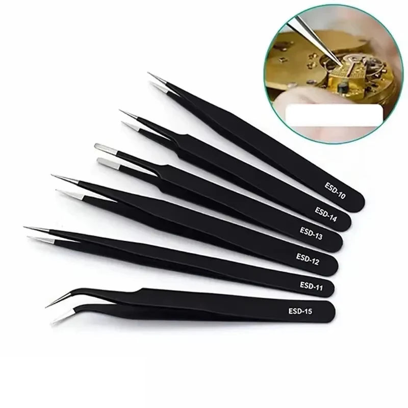 6pcs Precision Long Tweezers Set ESD Anti-Static Stainless SteelTweezers Repair Tools For Electronics Repair Soldering Craft
