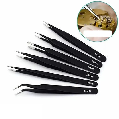 6pcs Precision Long Tweezers Set ESD Anti-Static Stainless SteelTweezers Repair Tools For Electronics Repair Soldering Craft
