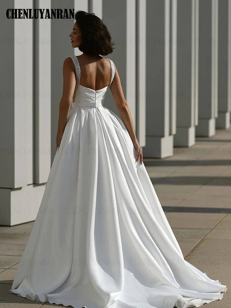 Satin Elegant Wedding Dresses For Women Beading A-line Long Wedding Gowns Slit Sexy Dresses For Wome 2025  فستان حفلات الزفاف