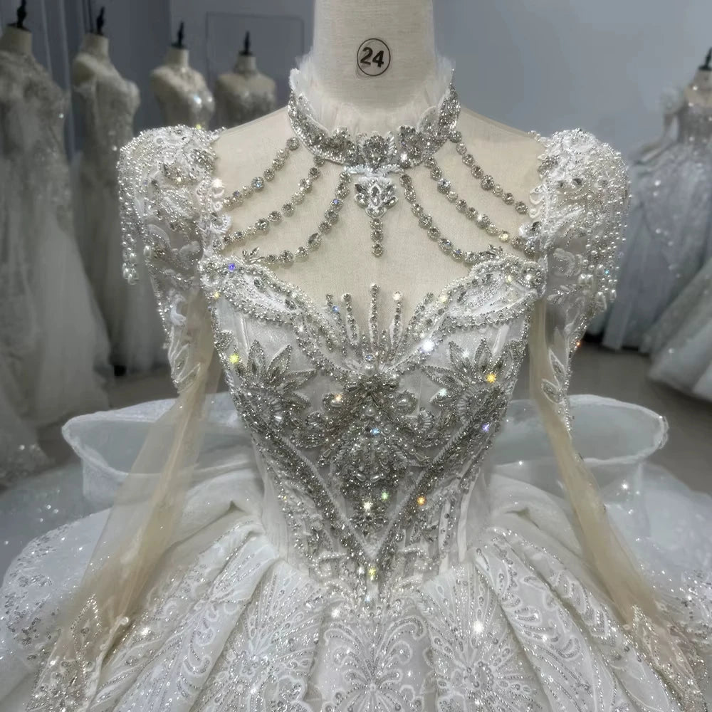 Long Sleeve Wedding Gown High Lace Up Keyhole Back Wedding Dress Beading Sequined Crystal Ball Gown Bridal Dress