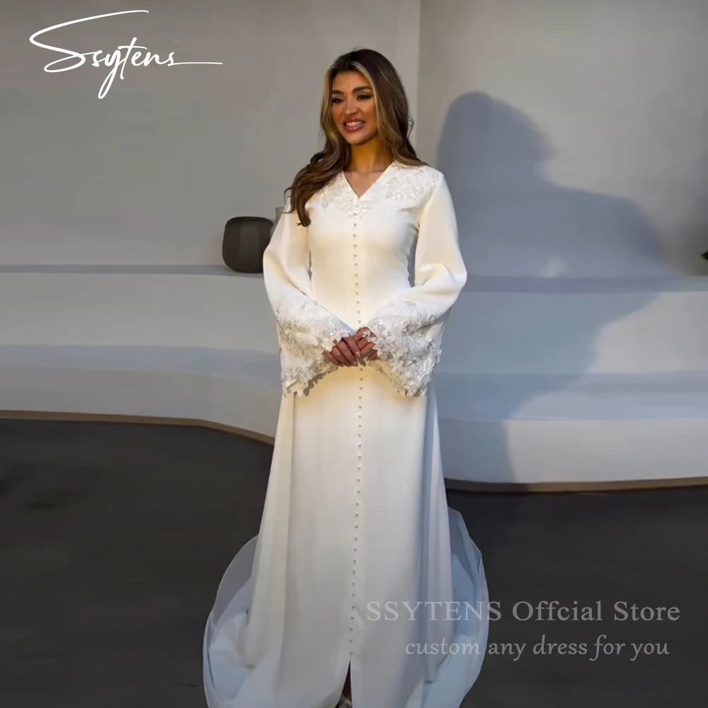 SSYTENS Modest Muslim Wedding Dresses Customized Brides Dress Appliques Ivory Nikkah Caftan Bridal Gowns Long Vestido De Noiva