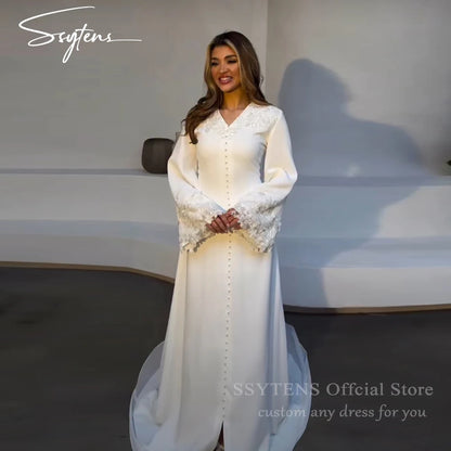 SSYTENS Modest Muslim Wedding Dresses Customized Brides Dress Appliques Ivory Nikkah Caftan Bridal Gowns Long Vestido De Noiva