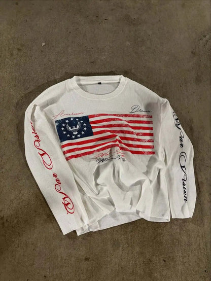 New autumn 2026 Y2K American retro flag print waffle style trendy street fashion casual versatile niche long sleeved top ins