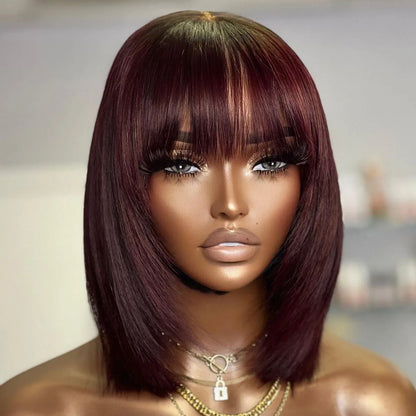 Short Bob Wig Layered with Bangs Straight Human Hair Bob with Bangs 400 Density Wig Human Hair Straight 99j Bob Wig For Women