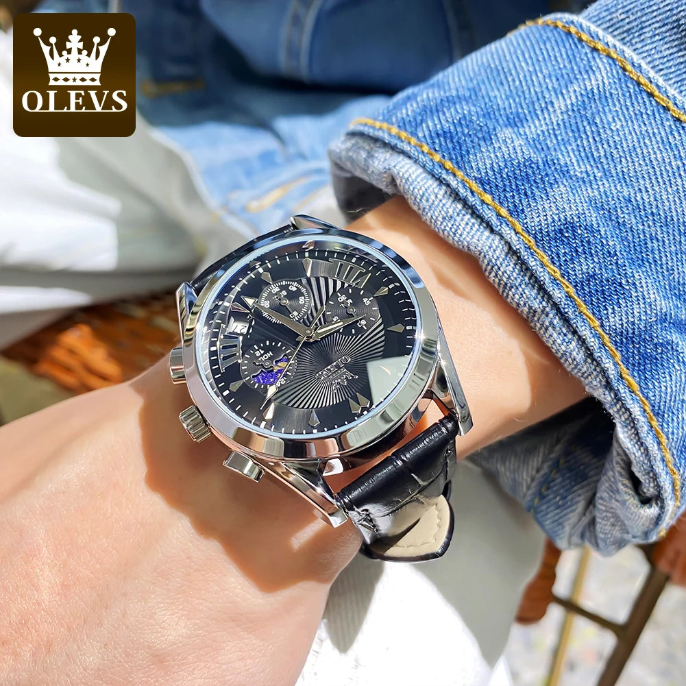 OLEVS casual fashion men's watches Moon Phase Chronograph waterproof man wristwatch Leather strap trend genuine watch for man