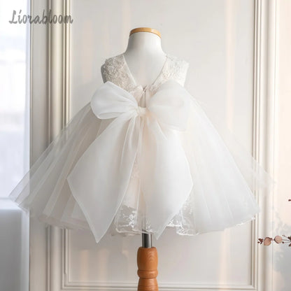 Girls' White Lace Mesh Dress Featuring Large Bow Accent Flower Girl Gown Formal Party Dress Elegant Princess Dress