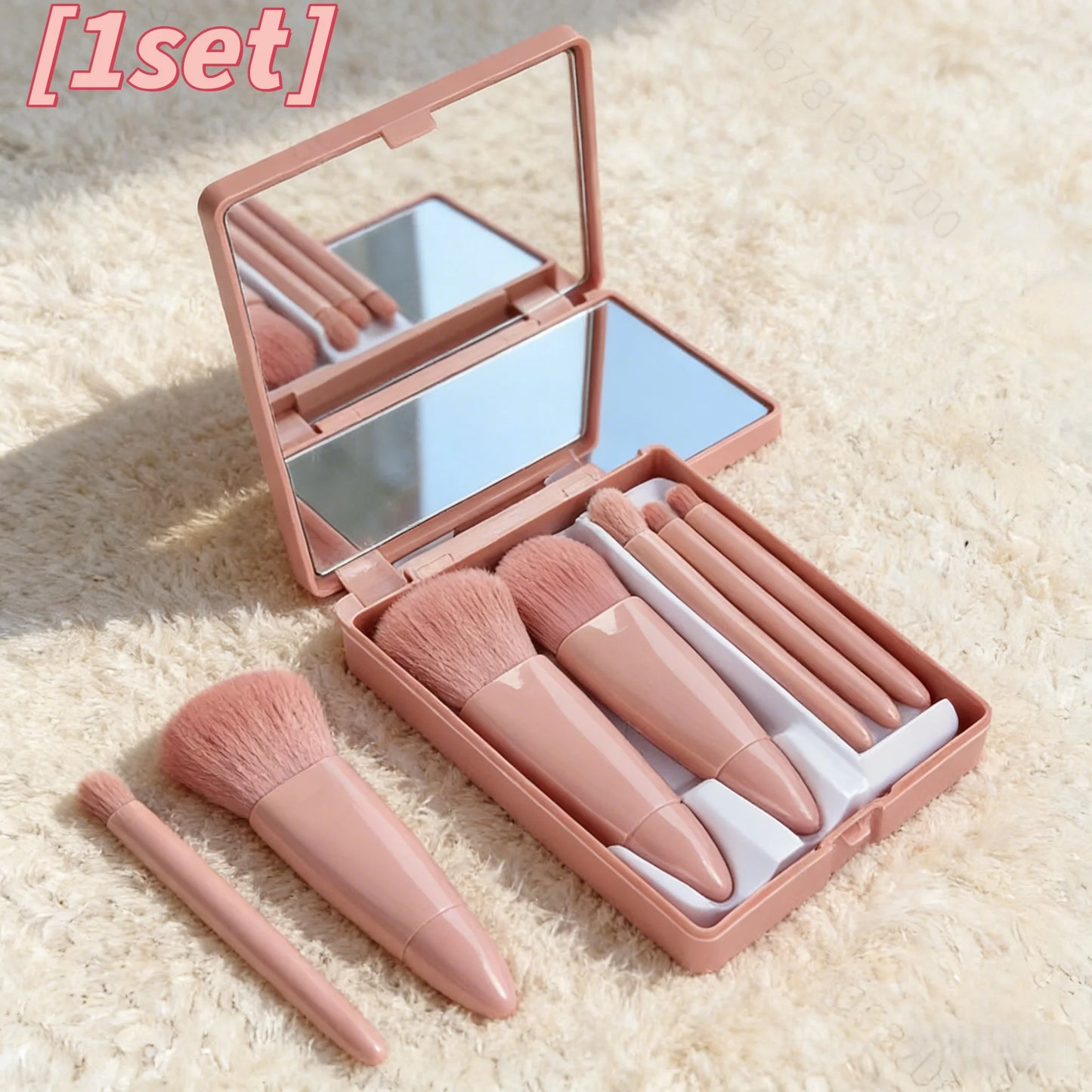 Portable Pink Makeup Brush Kit 5PCS Compact With Mirror Soft Bristles Blush Eyeshadow Foundation Beauty Tools