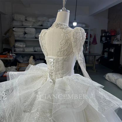High Neck Chic Wedding Dress Corset Women High Quality Ball Gown Customized Romantic Long Sleeves Long Bride Wear robe de mariée