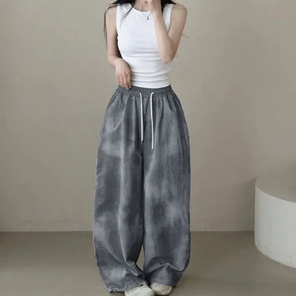 2026 Korean Version Pants Women's Tie-dye Loose Fashion Casual Drawstring Large Size Camouflage Printing Wide-leg Floor Pants