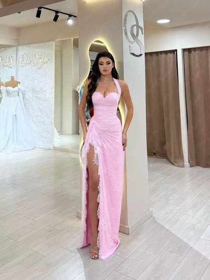 Ranmo Luxurious women's Pink Halter Sweetheart Collar Evening Dress 2026 A-line Side High Slit Pleat Lace Design Customized
