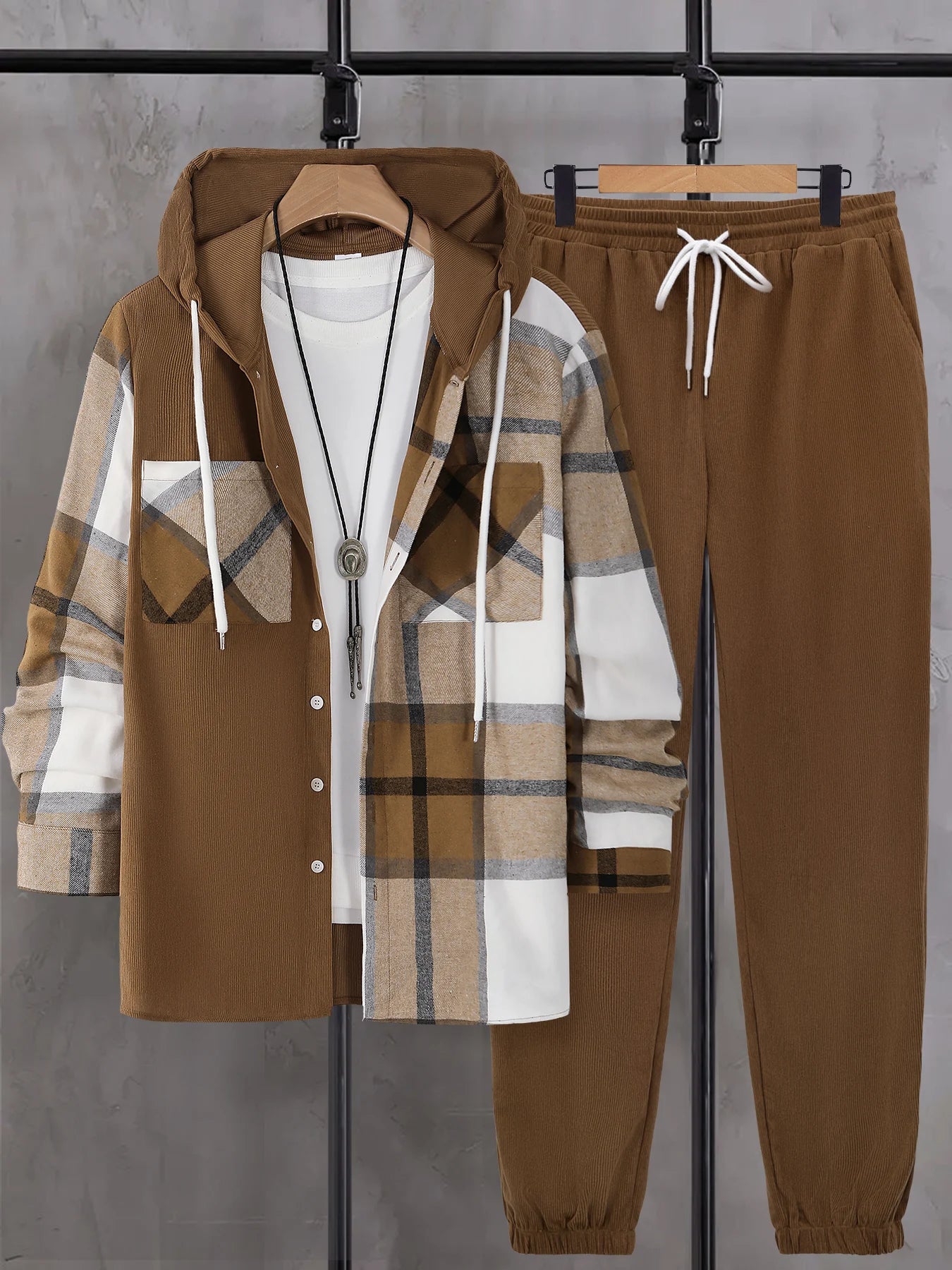 Men's Autumnal Hooded Set with Plaid Patchwork Jacket Drawstring Trousers Trendy Three-Piece Ensemble