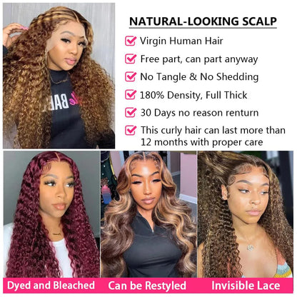 36 Inch Deep Wave P4/27 Highlight Ombre 13x6 13x4 HD Transparent Lace Front Wigs Curly Lace Frontal Wigs for Women Pre Plucked